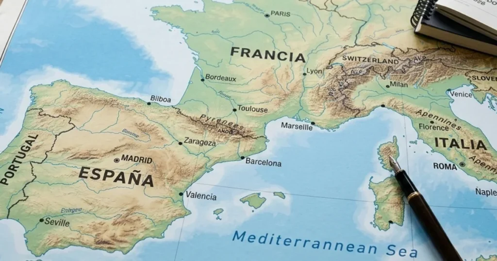 Carte physique de l'Espagne, de la France et de l'Italie sur une table, indiquant les endroits id?aux pour l'achat d'une maison de vacances en M?diterran?e.