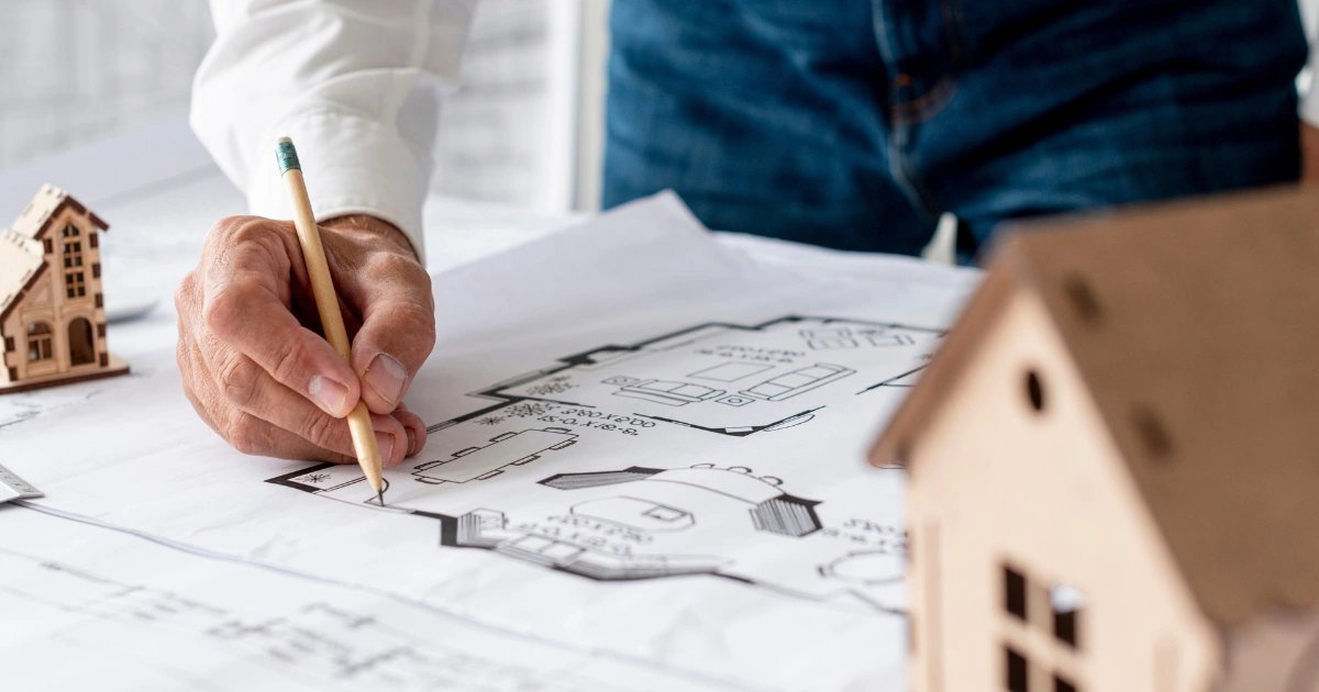 Architect tekent en legt de voordelen uit van kopen op plan.