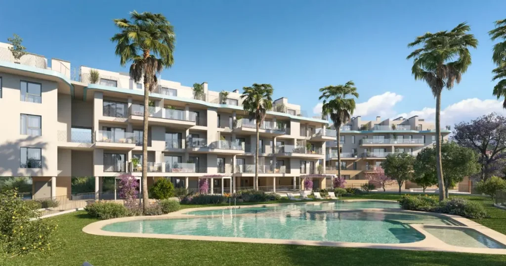 Rendering of the swimming pool area of one of Allonbay's sustainable construction projects.