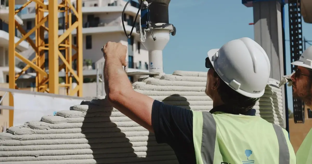 Construction workers in hard hats and high-visibility vests monitor a 3D printer extruding horizontal layers of concrete to build a wall on a sunny construction site.