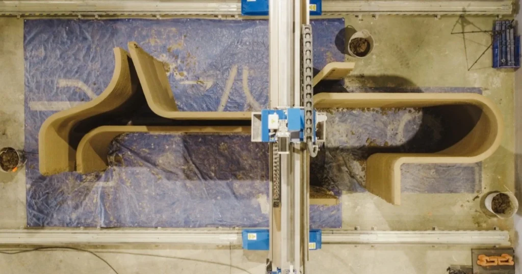 Vista aérea de una impresora 3D de construcci?n extruyendo capas de material terroso para crear muros con formas org?nicas y curvas sobre una lona azul en un taller.