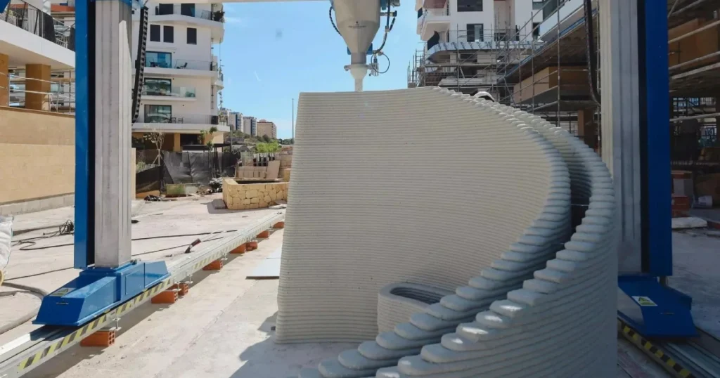 Impresora 3D de construcci?n a gran escala extruyendo capas de hormig?n para crear una estructura curva y escalonada en una obra con edificios residenciales al fondo.