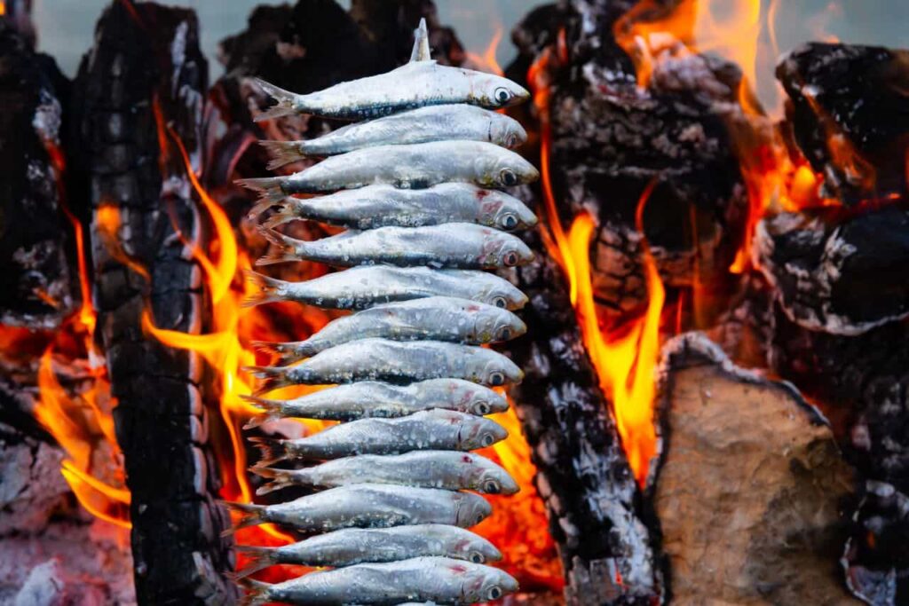Espeto of sardines on fire, typical gastronomy of the Costa del Sol.