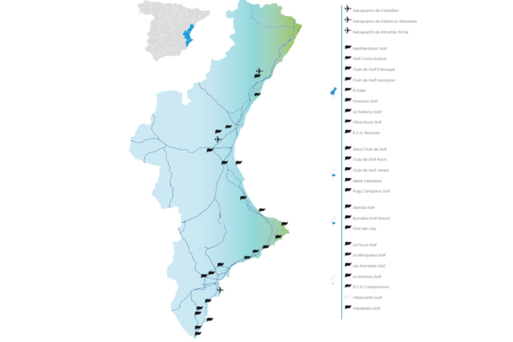Kaart van de Valenciaanse Gemeenschap met de golfbanen van de Costa Blanca en Valenciaanse Gemeenschap aangesloten bij de Costa Blanca Golf Courses Association.