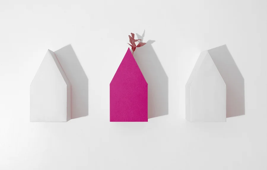 3 houses, 2 of them white and a rose blossoming as if it were a first construction house.