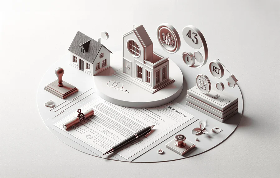 3D housing diagram with notary documents, stamps and money to talk about home purchase taxes when buying a newly built house in Spain.