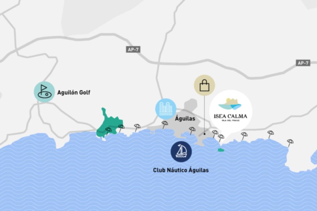 Map of services near Isea Calma, new housing development in Águilas (Murcia).