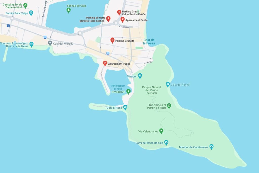 Google Maps screenshot van de parkeerplaats bij de Pe??n de Ifach.