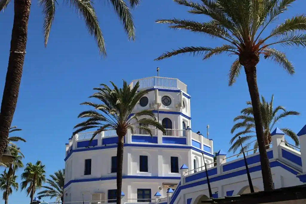Close-up of one of the most significant buildings in the Estepona marina.