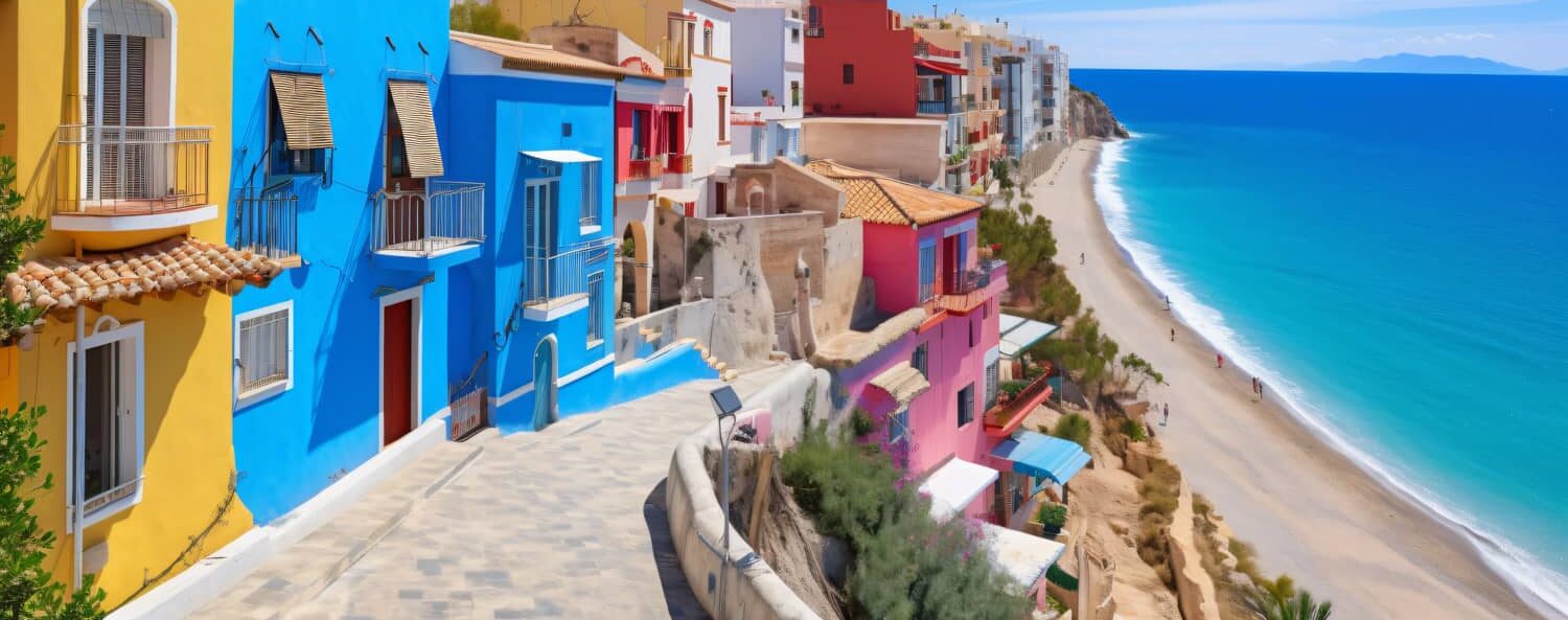 Vue frontale des maisons de p?cheurs (couleurs) de Villajoyosa et d'une partie de la plage Centro.